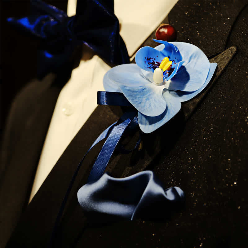 3Pcs Men's Blue Phalaenopsis Brooch Handkerchief Fishtail Bow Tie Set