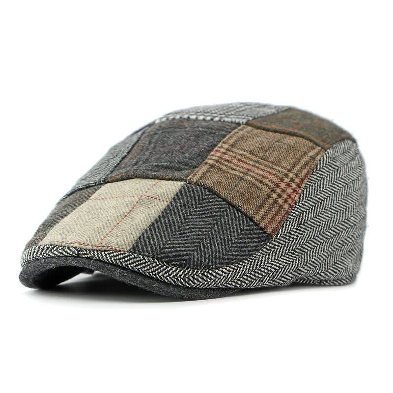 Retro Patchwork Plaid Herringbone Beret Hat