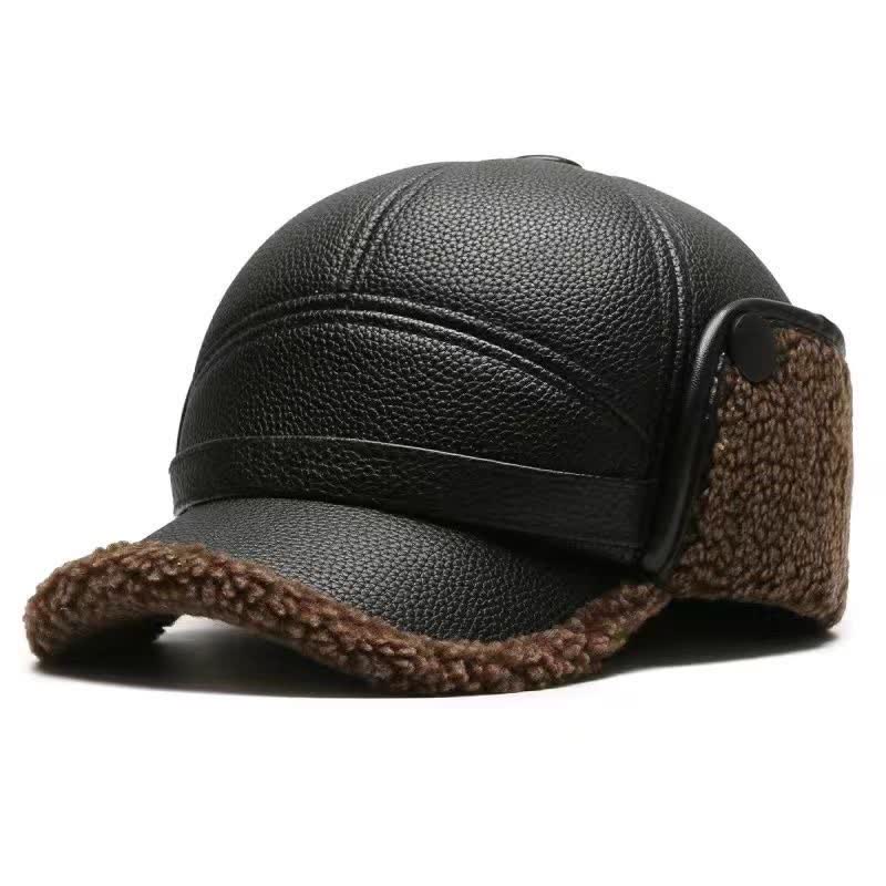 PU Leather Fleece Earflaps Baseball Hat