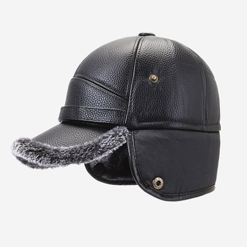 PU Leather Fleece Earflaps Baseball Hat