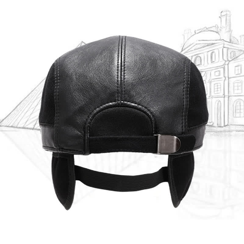 Artist Painter Leather Beret Hat with Button Earflaps