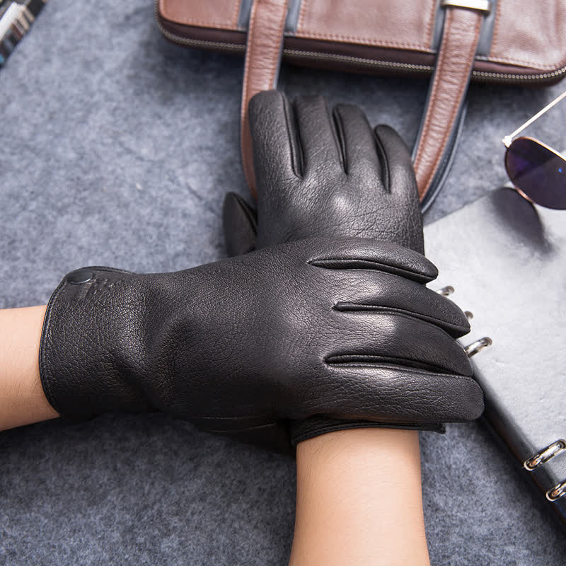 Plush Lining Warm Anti Slip Leather Gloves