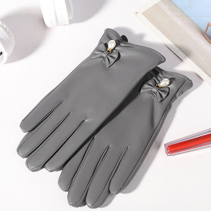 Women's Winter Velvet Pearl Leather Gloves