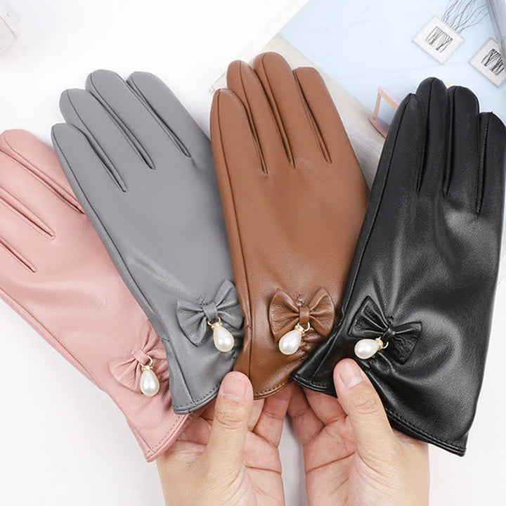 Women's Winter Velvet Pearl Leather Gloves