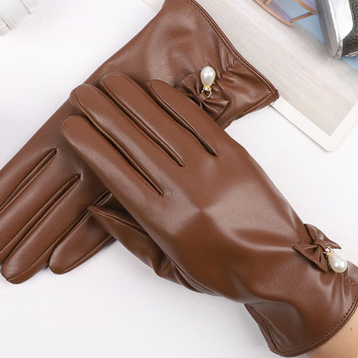 Women's Winter Velvet Pearl Leather Gloves