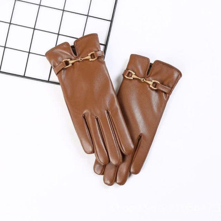 Women's Metal Decor Warm Velvet PU Leather Gloves