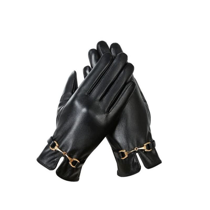 Women's Metal Decor Warm Velvet PU Leather Gloves