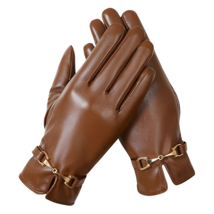 Women's Metal Decor Warm Velvet PU Leather Gloves