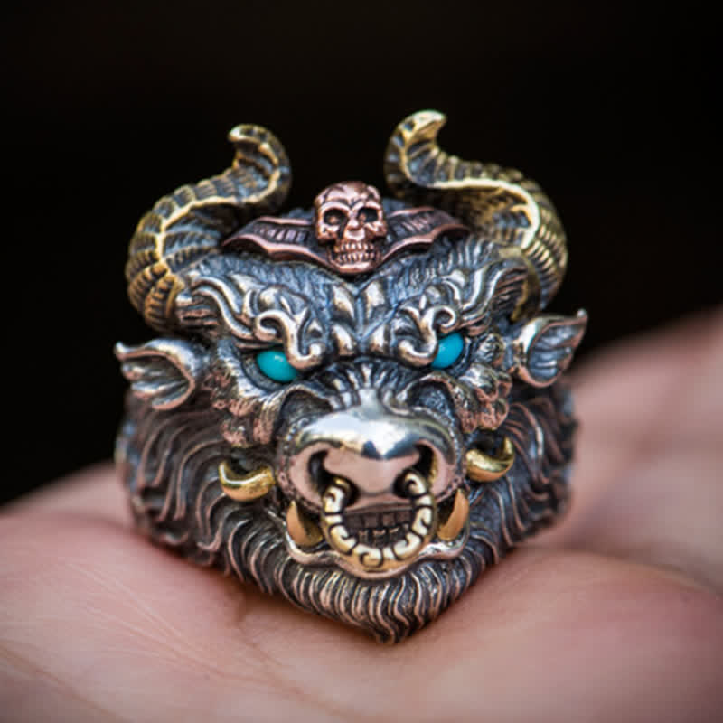 Men's Domineering Rock Bull Horse Totem Opening Adjustable Ring