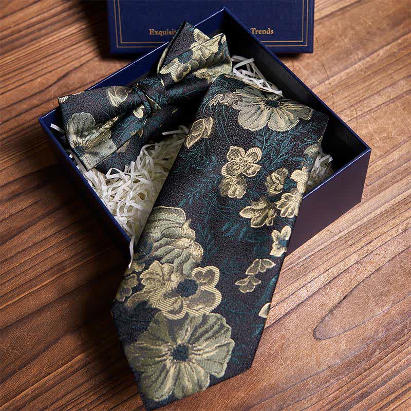 Night Dark Green Floral Necktie & Bow Tie Bundle Set