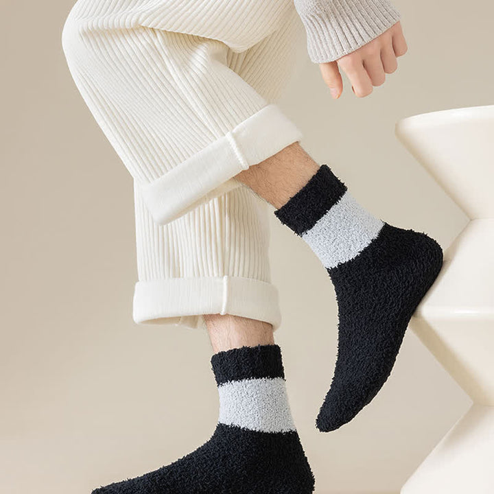 Men's Wide Stripes Fuzzy Coral Fleece Sleep Crew Socks