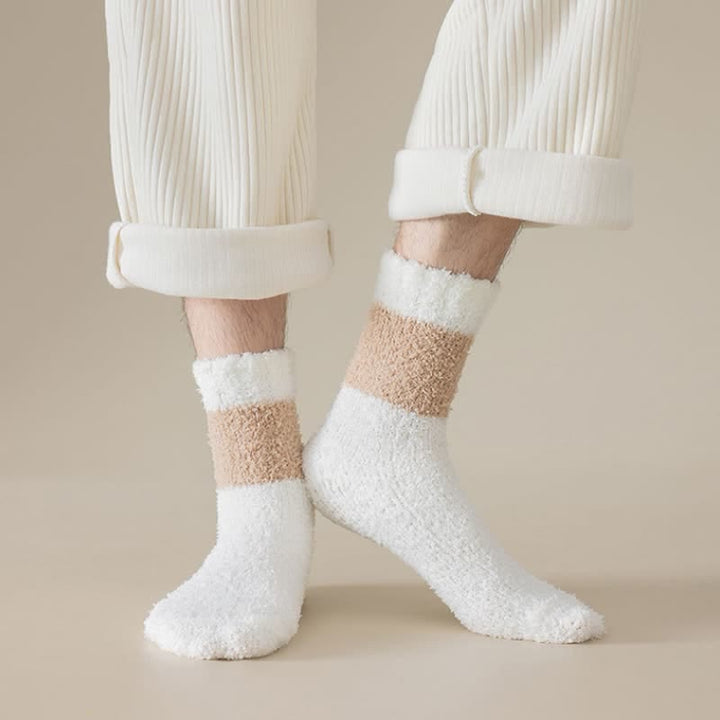 Men's Wide Stripes Fuzzy Coral Fleece Sleep Crew Socks