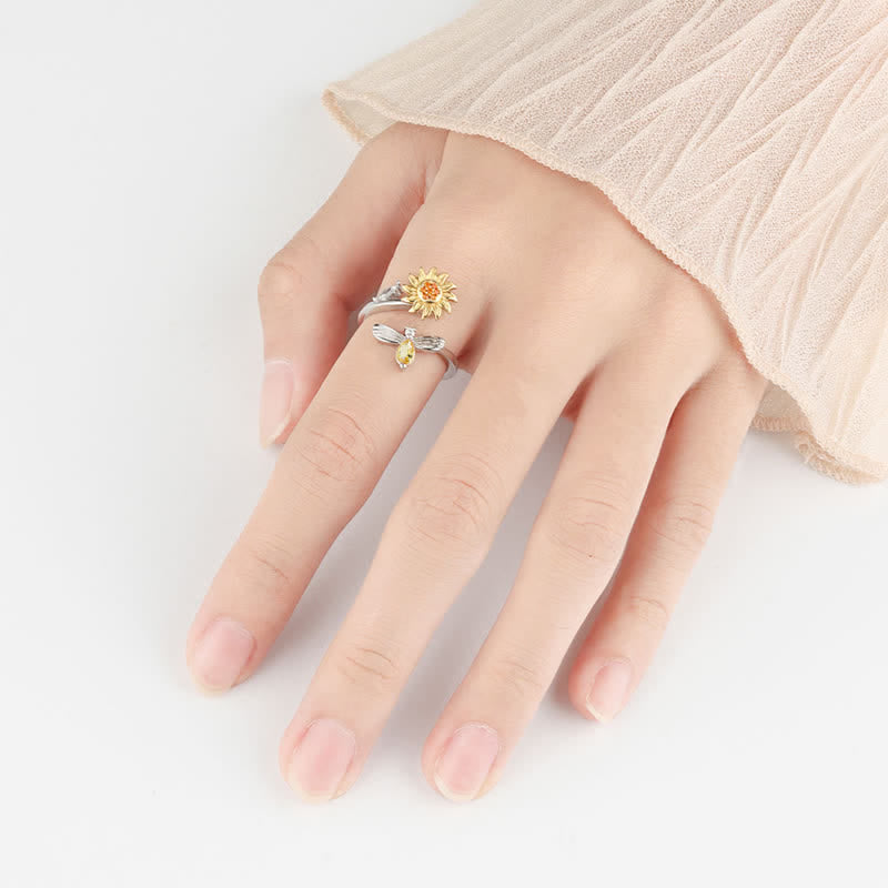 Fidget Spinning Sunflower Rose Bee Adjustable Ring