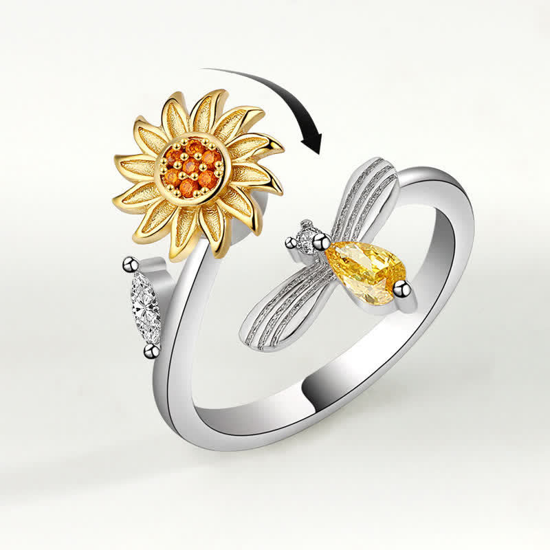 Fidget Spinning Sunflower Rose Bee Adjustable Ring