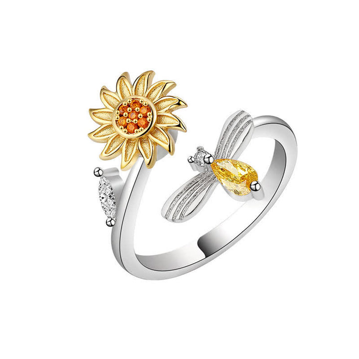 Fidget Spinning Sunflower Rose Bee Adjustable Ring