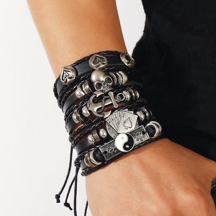 Fashion Skull Animal Head Poker Black Leather Bracelet