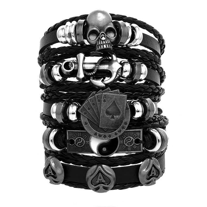 Fashion Skull Animal Head Poker Black Leather Bracelet