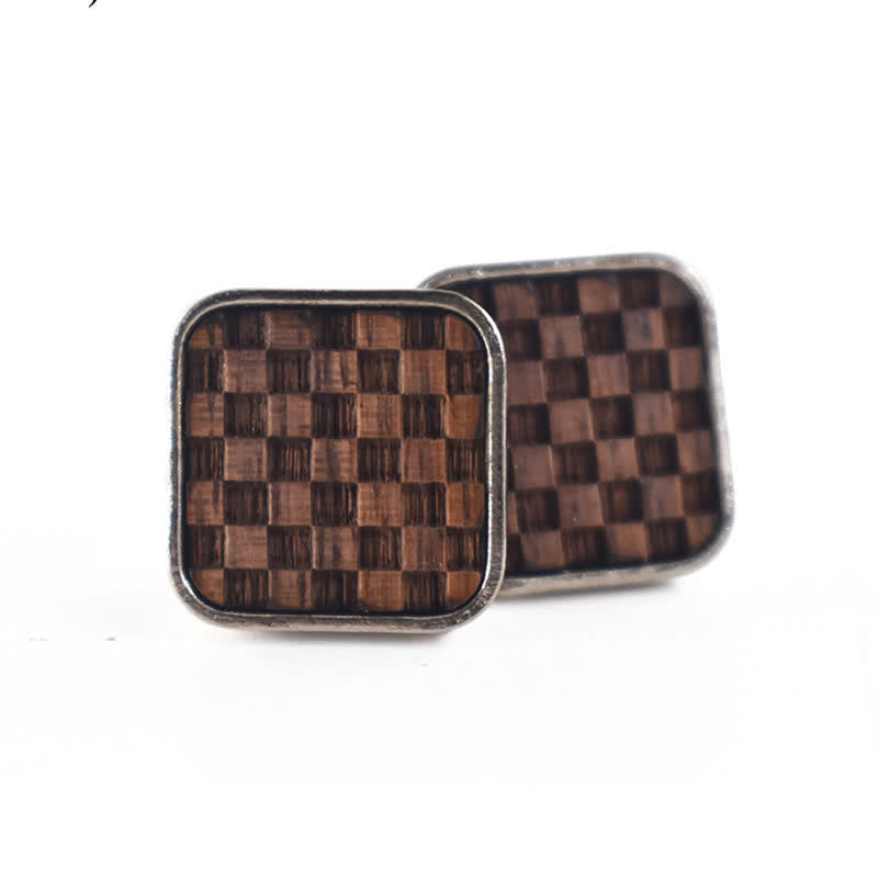 Men's Darkened Small Checkerboard Squares Wooden Cufflinks - Black Wood - image 0