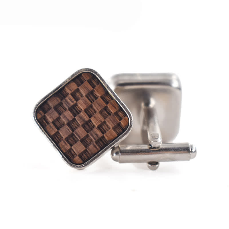 Men's Darkened Small Checkerboard Squares Wooden Cufflinks - image 1