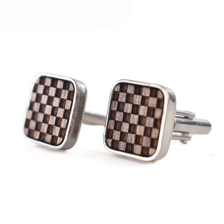 Men's Darkened Small Checkerboard Squares Wooden Cufflinks