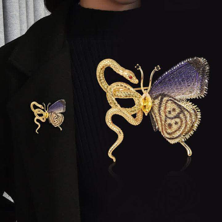 Women's Purple Embroidery Butterfly & Gold Snake Brooch