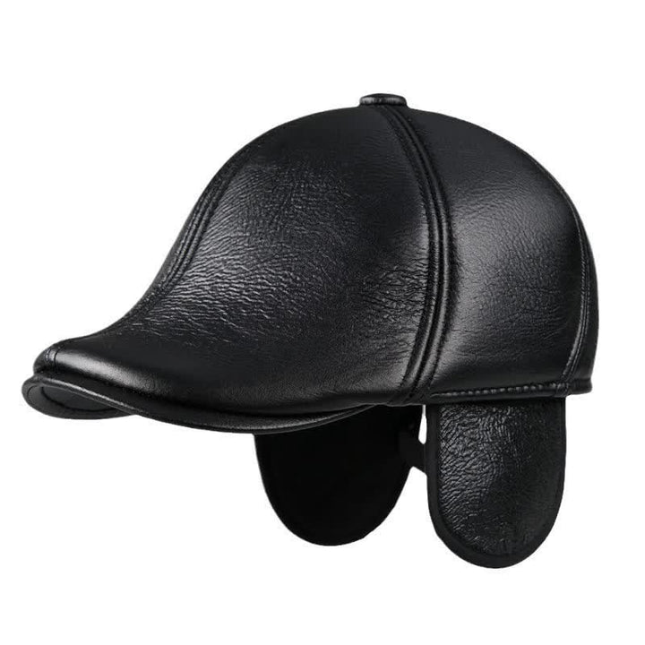 Black Ivy Cap Warm Earmuffs Leather Beret Hat