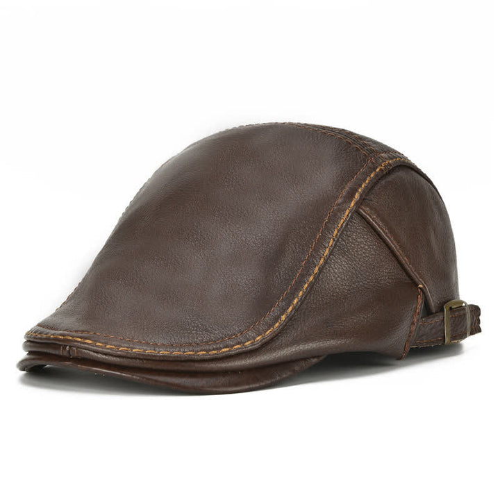 Peaked Cabbie Flat Cap Genuine Leather Beret Hat