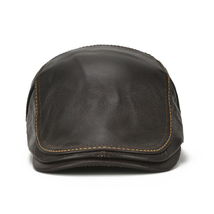 Peaked Cabbie Flat Cap Genuine Leather Beret Hat