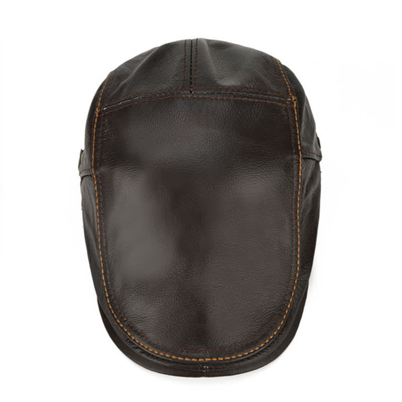 Peaked Cabbie Flat Cap Genuine Leather Beret Hat