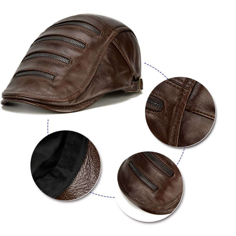 Horizontal Zipper Decoration Leather Beret Hat