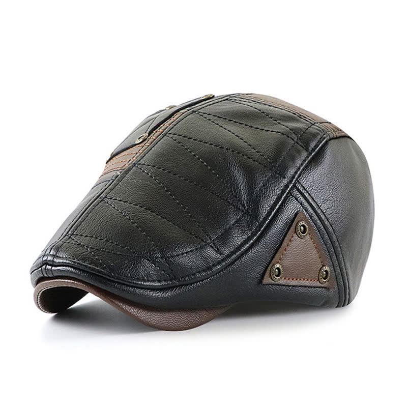Fashion Stitching Color Contrast Leather Beret Hat - Black - Adjustable (22"-23 5/8") - image 0