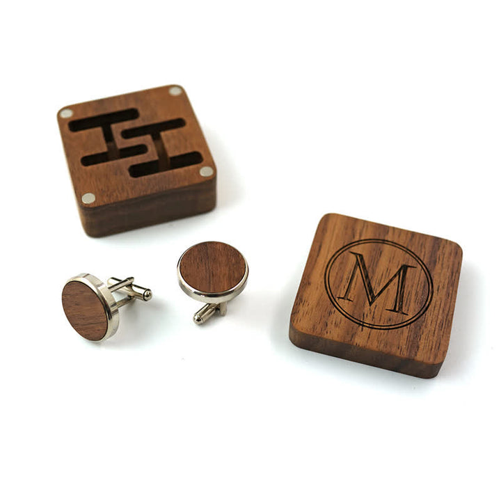 Men's Personalized Letter Engrave Box Wooden Cufflinks - image 0