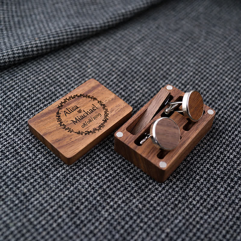 Men's Custom Engraving Box Surface Wedding Day Wooden Cufflinks Set - image 4