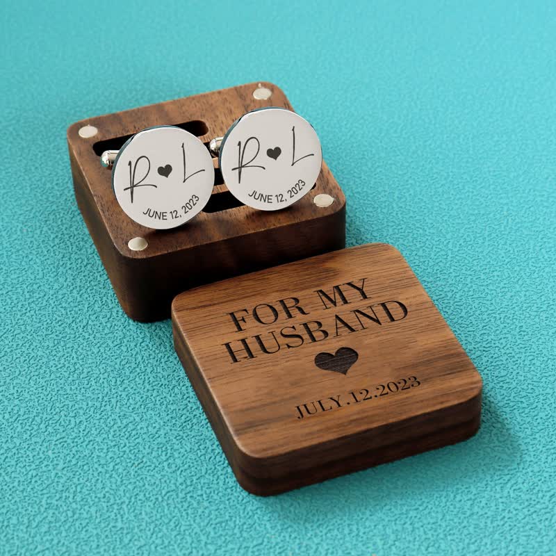 Men's Custom Engraving Box Surface Wedding Day Wooden Cufflinks Set - Custom - Black - image 0