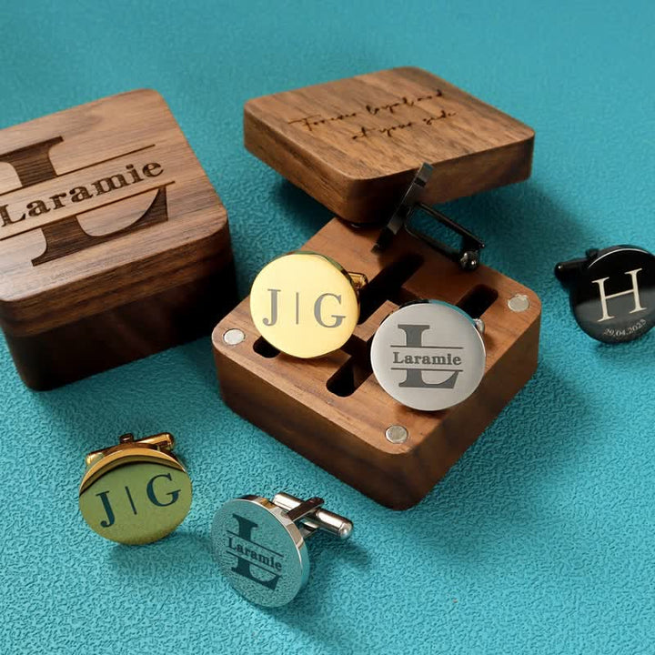 Men's Custom Engraving Box Surface Wedding Day Wooden Cufflinks Set - image 5
