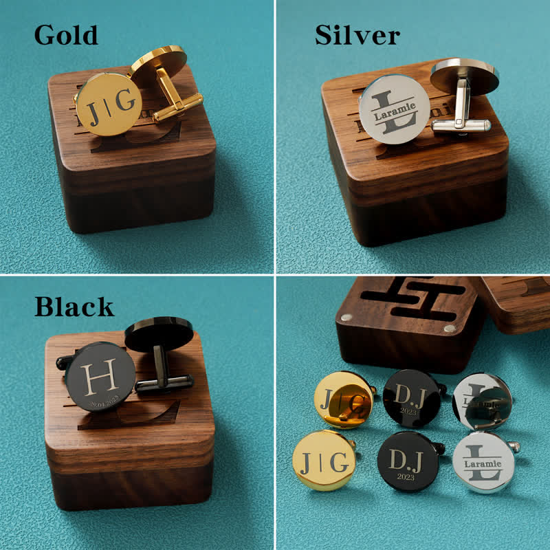 Men's Custom Engraving Box Surface Wedding Day Wooden Cufflinks Set - image 4