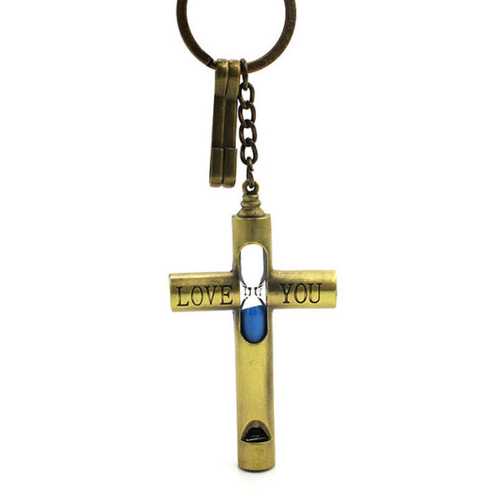 ''Love you'' Timeless Hourglass Cross Whistle Keychain