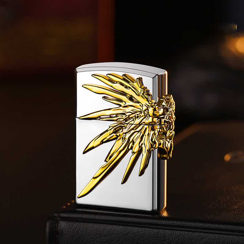 Three Sides 3D Wings Relief Refillable Butane Lighter - Silver & Gold - image 4