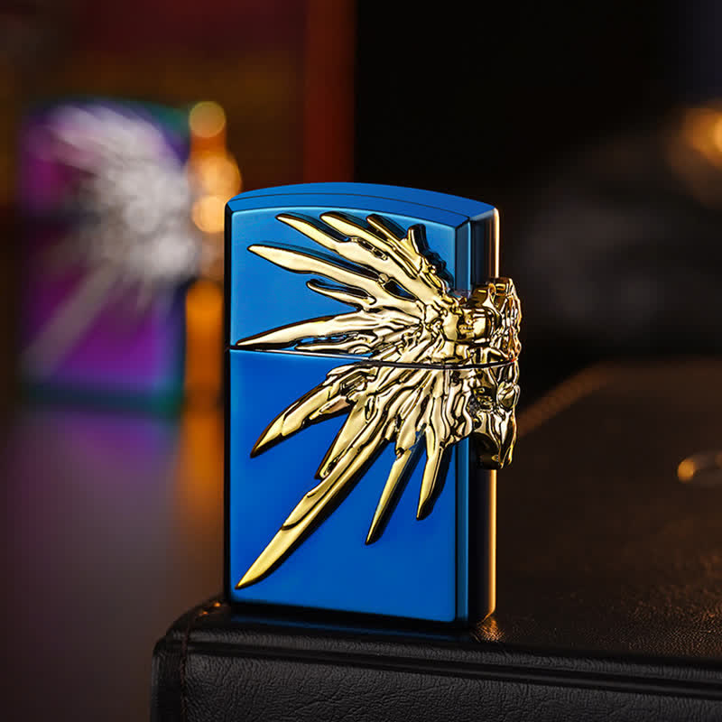 Three Sides 3D Wings Relief Refillable Butane Lighter - Blue & Gold - image 8