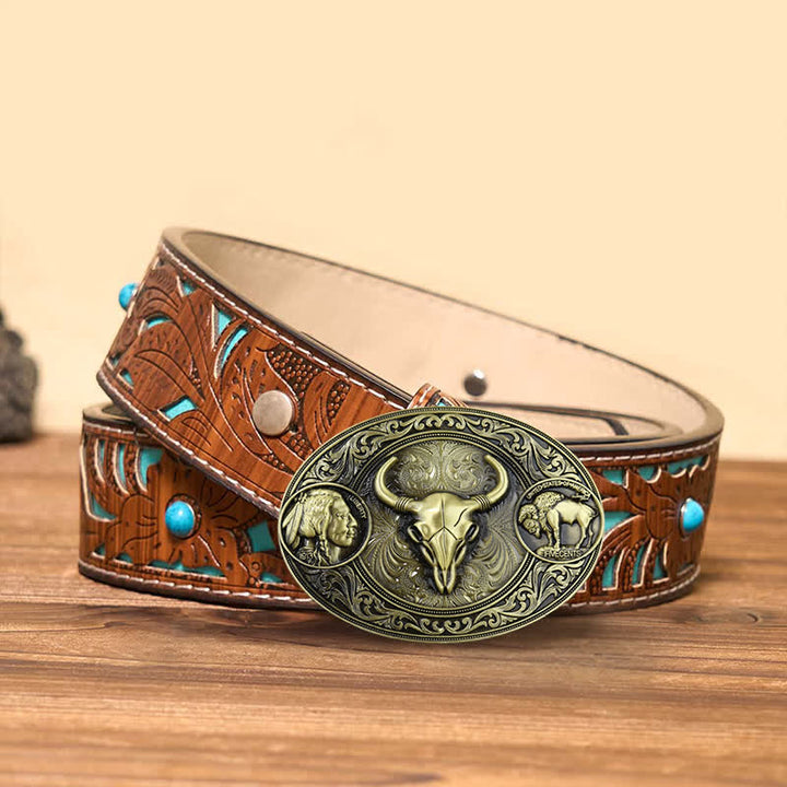 Men's DIY Brozne Typical Western Bull Buckle Leather Belt