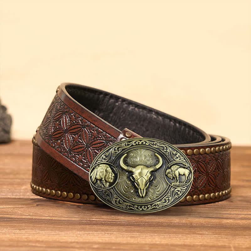 Men's DIY Brozne Typical Western Bull Buckle Leather Belt