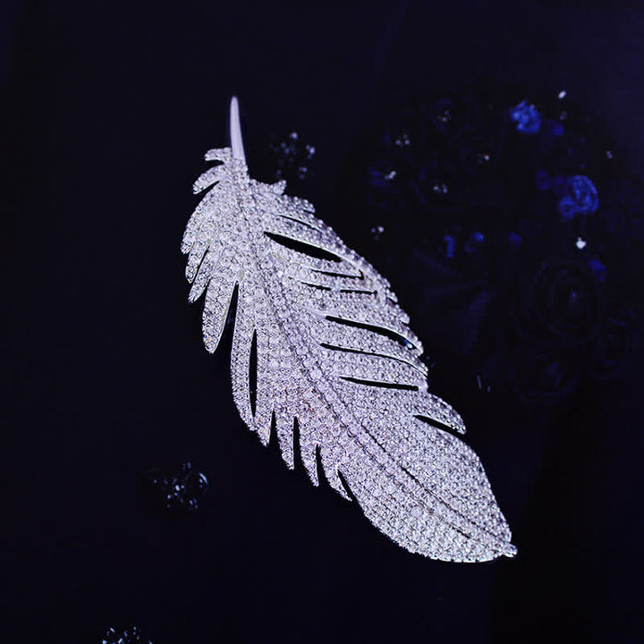 Women's Minimalist Silver Zircon Feather Brooch