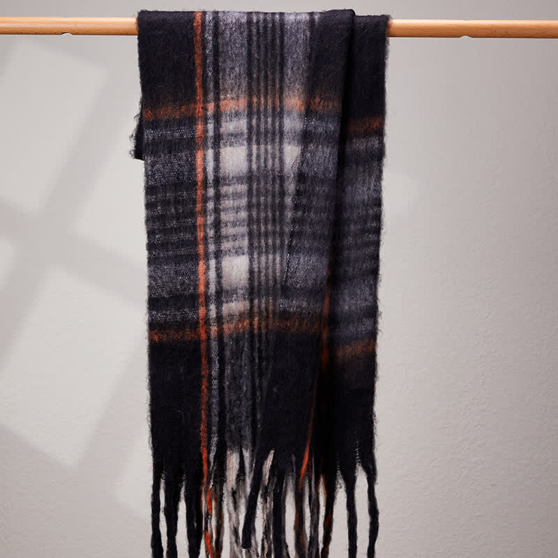 Unisex Classic Tassel Plaid Warm Scarf - Black - image 11