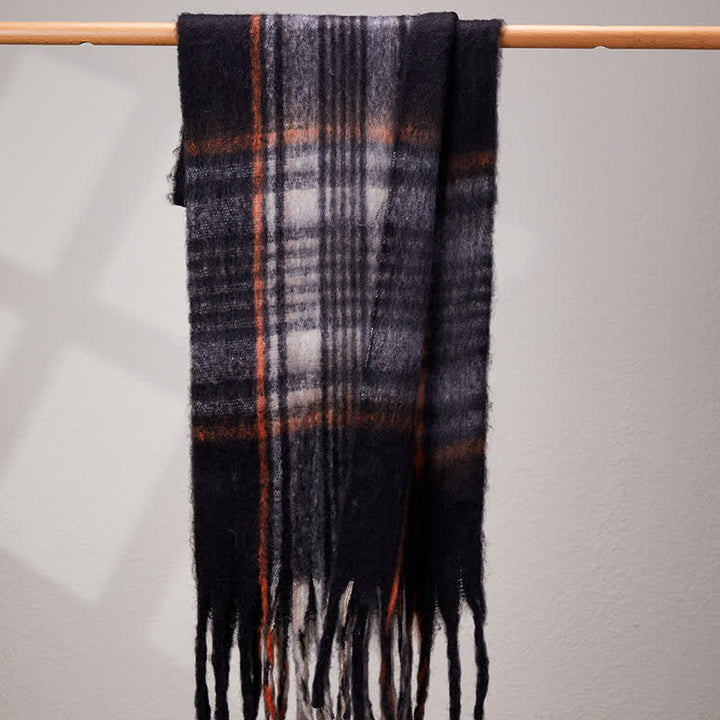 Unisex Classic Tassel Plaid Warm Scarf - Black - image 11