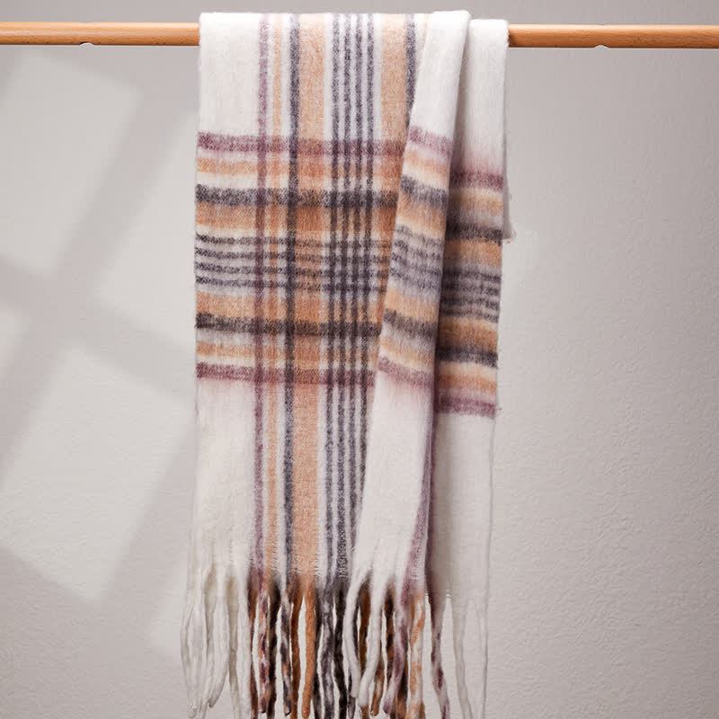 Unisex Classic Tassel Plaid Warm Scarf - White - image 12