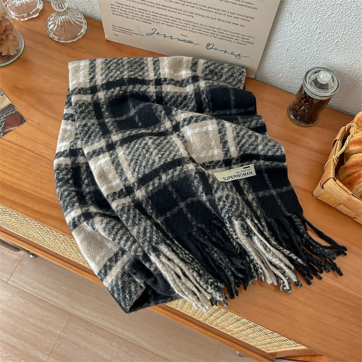 Unisex Winter Warm Tassel Plaid Oversized Scarf