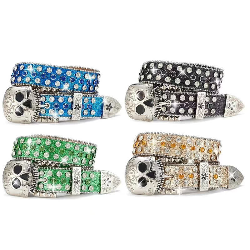 Streetwear Skull Buckle Rhinestone Studded Leather Belt