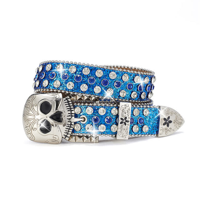 Streetwear Skull Buckle Rhinestone Studded Leather Belt