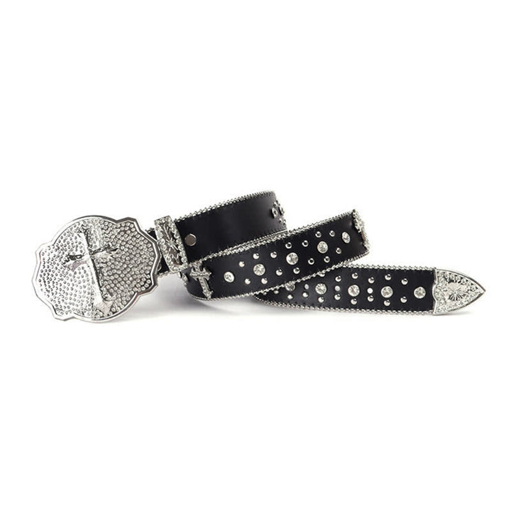 Shinning Cross Buckle Rhinestone Studded Leather Belt