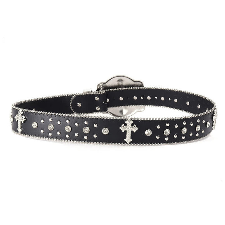 Shinning Cross Buckle Rhinestone Studded Leather Belt